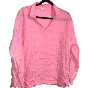 Collonne 100% Linen Pink Long-Sleeve V-Neck Lightweight Blouse Womens L